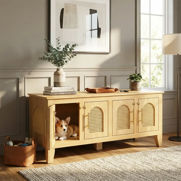 4 Door Rattan Wooden Dog Crate